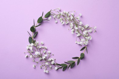 Photo of Frame of beautiful gypsophila flowers and eucalyptus branches on violet background, flat lay. Space for text