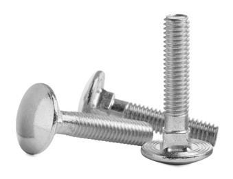 Photo of Many metal carriage bolts on white background