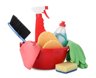 Photo of Red basin with cleaning supplies and tools on white background