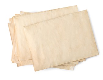 Stack of old letters on white background, top view