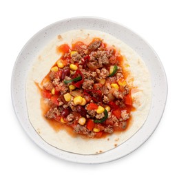 Tasty chili con carne with tortilla on white background, top view