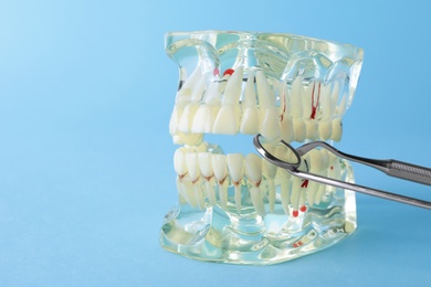 Model of oral cavity with teeth and dentist tools on color background. Space for text