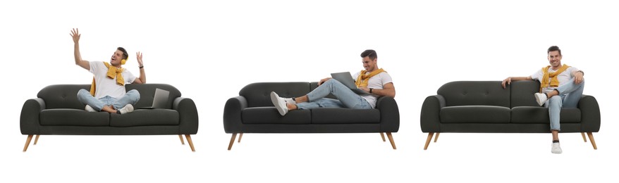 Man resting on stylish sofa against white background, collage. Banner design 
