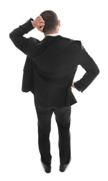 Photo of Businessman in suit on white background, back view