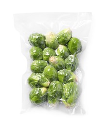 Vacuum pack of Brussels sprouts isolated on white, top view