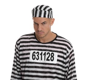 Prisoner in striped uniform on white background