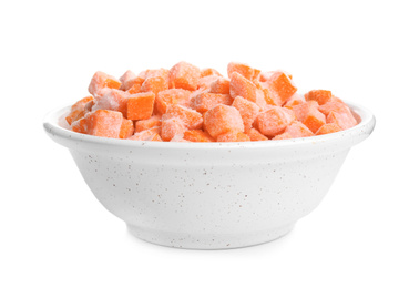 Frozen carrots in bowl isolated on white. Vegetable preservation
