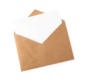 Brown envelope with blank letter on white background, top view