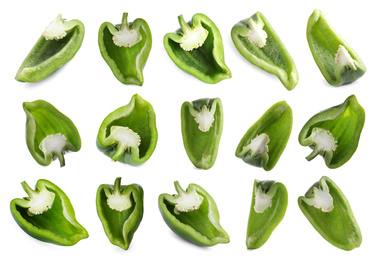 Image of Set of cut ripe green bell peppers on white background