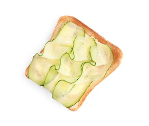 Photo of Delicious toast with cream cheese and cucumber isolated on white, top view