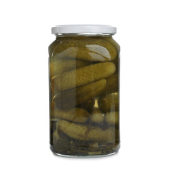 Glass jar with pickled cucumbers isolated on white