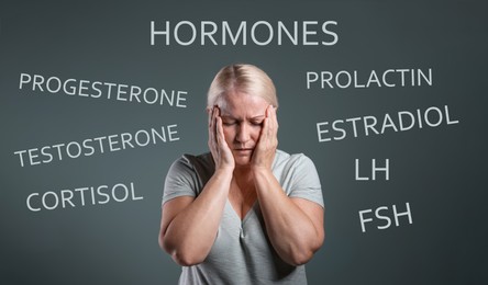 Hormones imbalance. Upset mature woman and different words on grey background