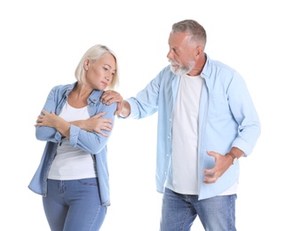 Mature couple having argument on white background. Relationship problems