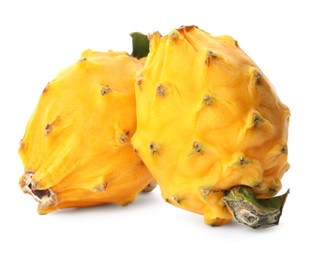 Delicious yellow dragon fruits (pitahaya) on white background