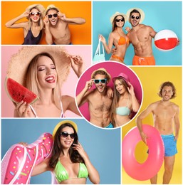 Collage with beautiful photos themed to summer party and vacation. Happy young people wearing swimsuits on different color backgrounds