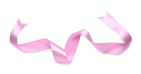 Beautiful pink ribbon isolated on white, top view