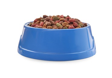Photo of Dry food in blue pet bowl isolated on white