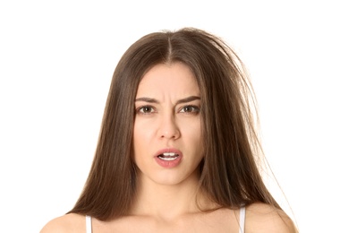 Photo of Emotional woman before and after hair treatment on white background