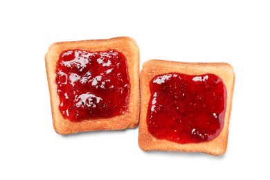 Delicious crispy toasts with berry jam on white background, top view