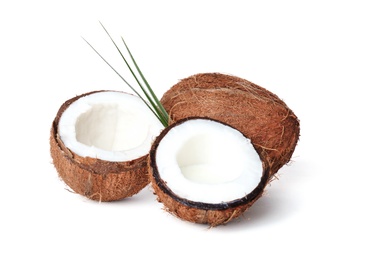 Coconuts with fresh milk on white background