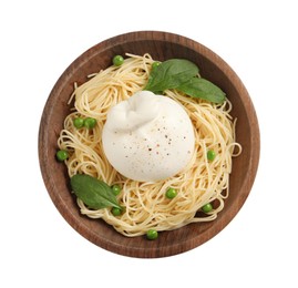 Photo of Wooden bowl of delicious pasta with burrata, peas and spinach isolated on white, top view