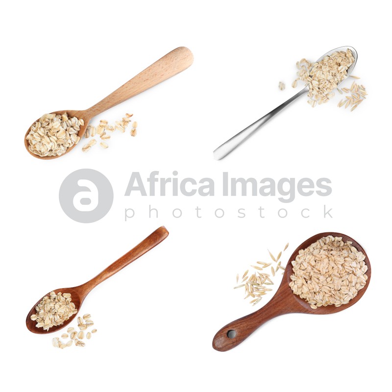 Set with uncooked oatmeal on white background, top view