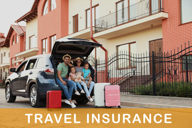 Happy family with suitcases near car outdoors. Travel insurance
