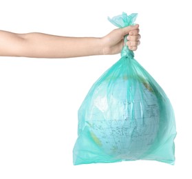 Woman holding globe in plastic bag on white background, closeup. Environmental protection concept