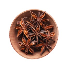 Aromatic anise stars in wooden bowl isolated on white, top view
