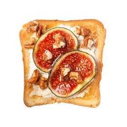 Photo of Delicious toast with cream cheese, sliced figs and nuts isolated on white, top view