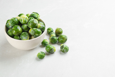 Frozen Brussels sprouts on light grey marble table, space for text. Vegetable preservation