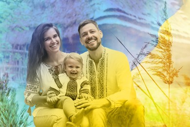 Double exposure of happy family wearing national clothes and Ukrainian flag