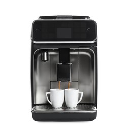 Making coffee with modern espresso machine on white background
