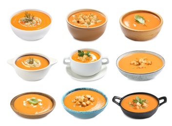 Set of fresh pumpkin soups on white background