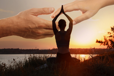 Double exposure of woman meditating and hands reaching each other outdoors at sunset, closeup. Yoga helping in daily life: harmony of mind, body, and soul