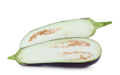 Photo of Halves of fresh ripe eggplant isolated on white