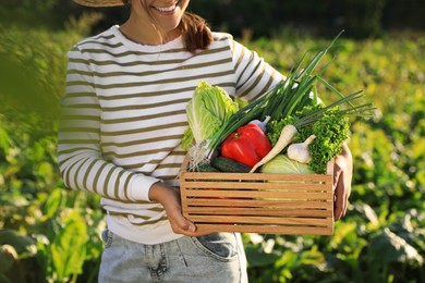 Photo of Woman with crate of different fresh ripe vegetables on farm, closeup