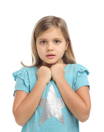 Photo of Scared little girl wearing casual outfit on white background