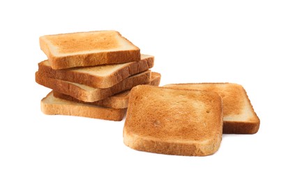 Photo of Slices of delicious toasted bread on white background