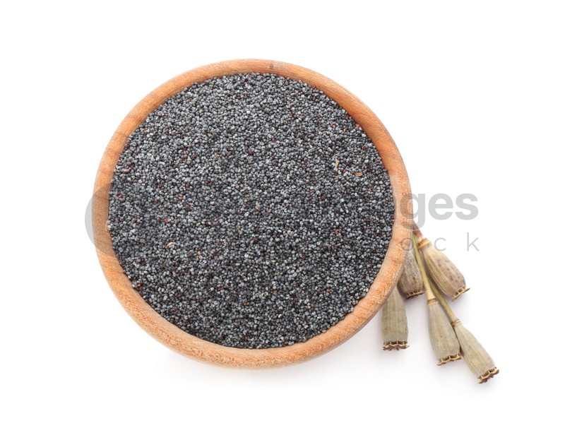 Photo of Poppy seeds in wooden bowl isolated on white, top view