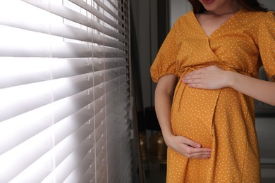 Young pregnant woman near window at home, closeup. Space for text
