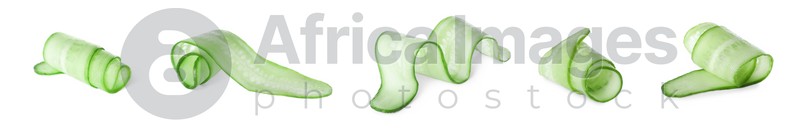 Set with slices of cucumbers on white background. Banner design