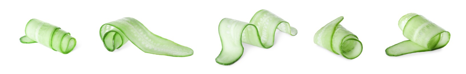 Set with slices of cucumbers on white background. Banner design