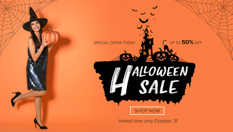 Halloween sale ad design with woman dressed as witch holding pumpkin on orange background