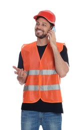 Photo of Male industrial engineer in uniform talking on phone against white background