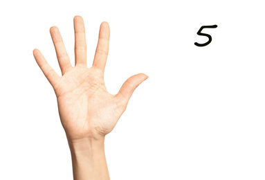 Image of Woman showing number five on white background, closeup. Sign language