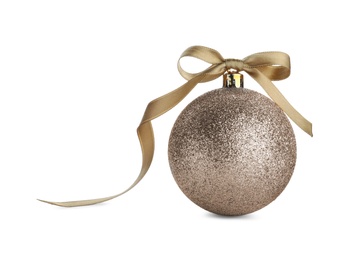 Beautiful golden Christmas ball with ribbon isolated on white