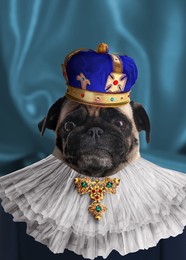Pug dog dressed like royal person against blue background