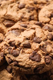 Many delicious chocolate chip cookies as background, closeup