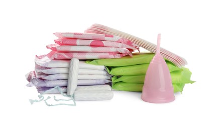 Menstrual pads and other hygiene products on white background. Gynecological care